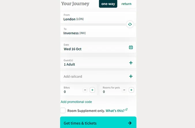 Screenshot of booking widget