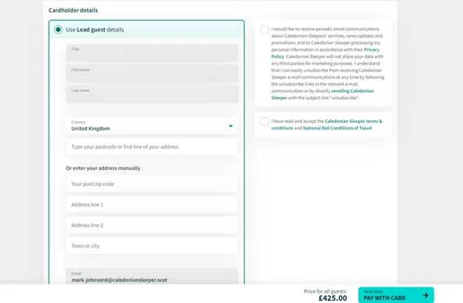 Screengrab showing Cardholder details page