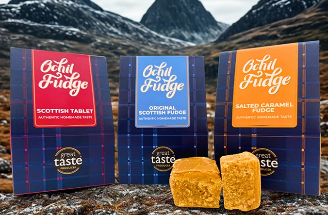 Three boxes of Ochil Fudge, including Scottish Tablet, Original Fudge and Salted Caramel Fudge.