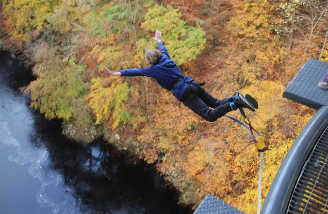 Person bungee jumping over gorge