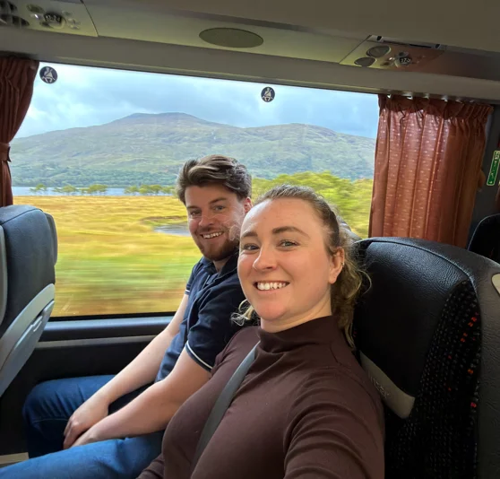 Chris and Kirsty taking a selfie on board the Caledonian Sleeper train.