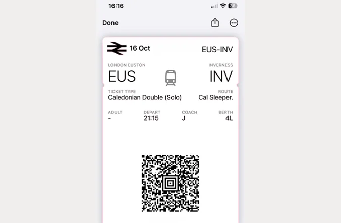 Caledonian Sleeper e-ticket on iPhone