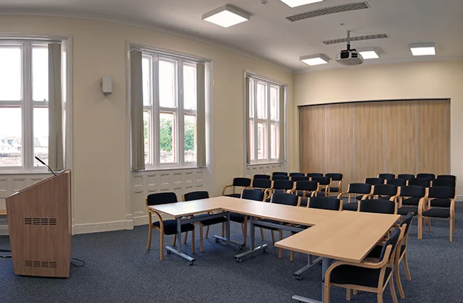 Meeting room set up in a auditorium style.