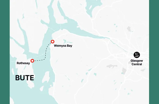 Map showing the route of travel from Weymss Bay to Rothesay