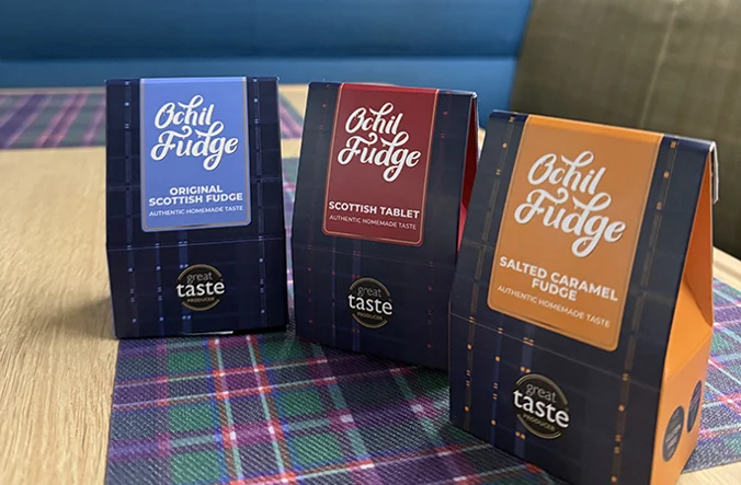 Three boxes of Ochil Fudge, including Scottish Tablet, Original Fudge and Salted Caramel Fudge.