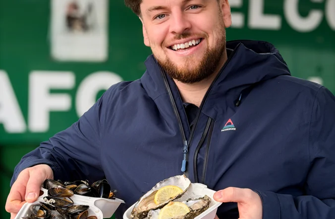 Chris holding mussels and oysters from Green Shack in Oban.