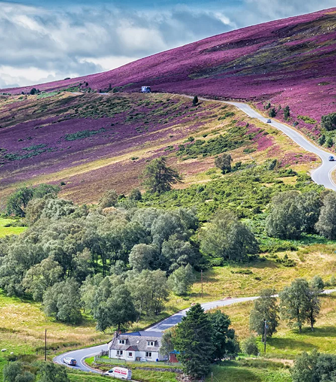 Dalwhinnie with purple heather on the hills