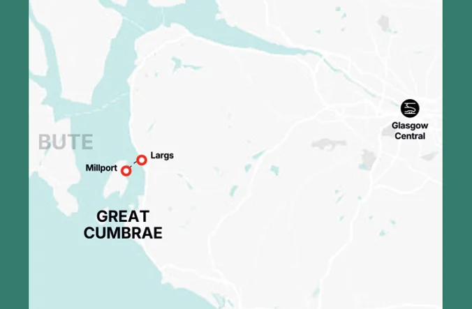 Map of route showing Cumbar, Largs and Millport