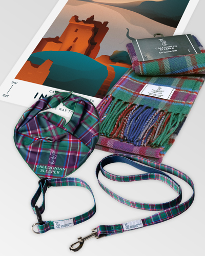 Caledonian Sleeper Prize bundle including dog lead and bandana, tartan scarf and poster