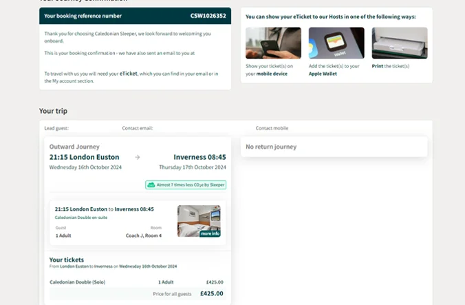 Screenshot of Your Journey Confirmation page