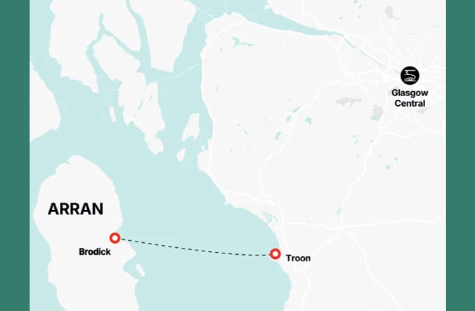 Map showing the route of travel from Troon to Arran