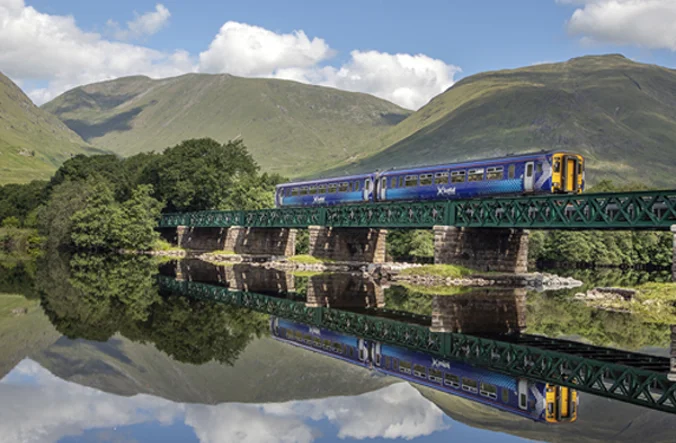 Train travelling with reflection in water