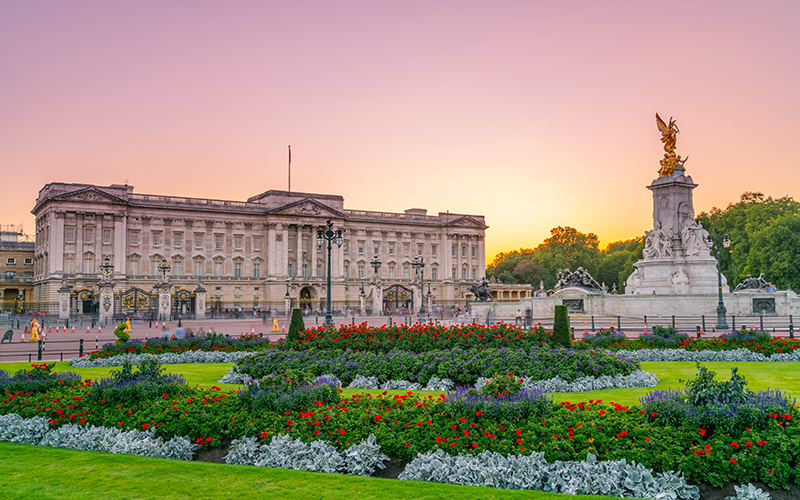 Buckingham Palace at sunset in London, United Kingdom