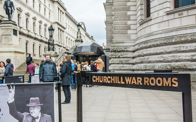 The Churchill War Rooms, one of London's Imperial War Museums and popular tourist attraction by the HM Treasury building by St James's Park.