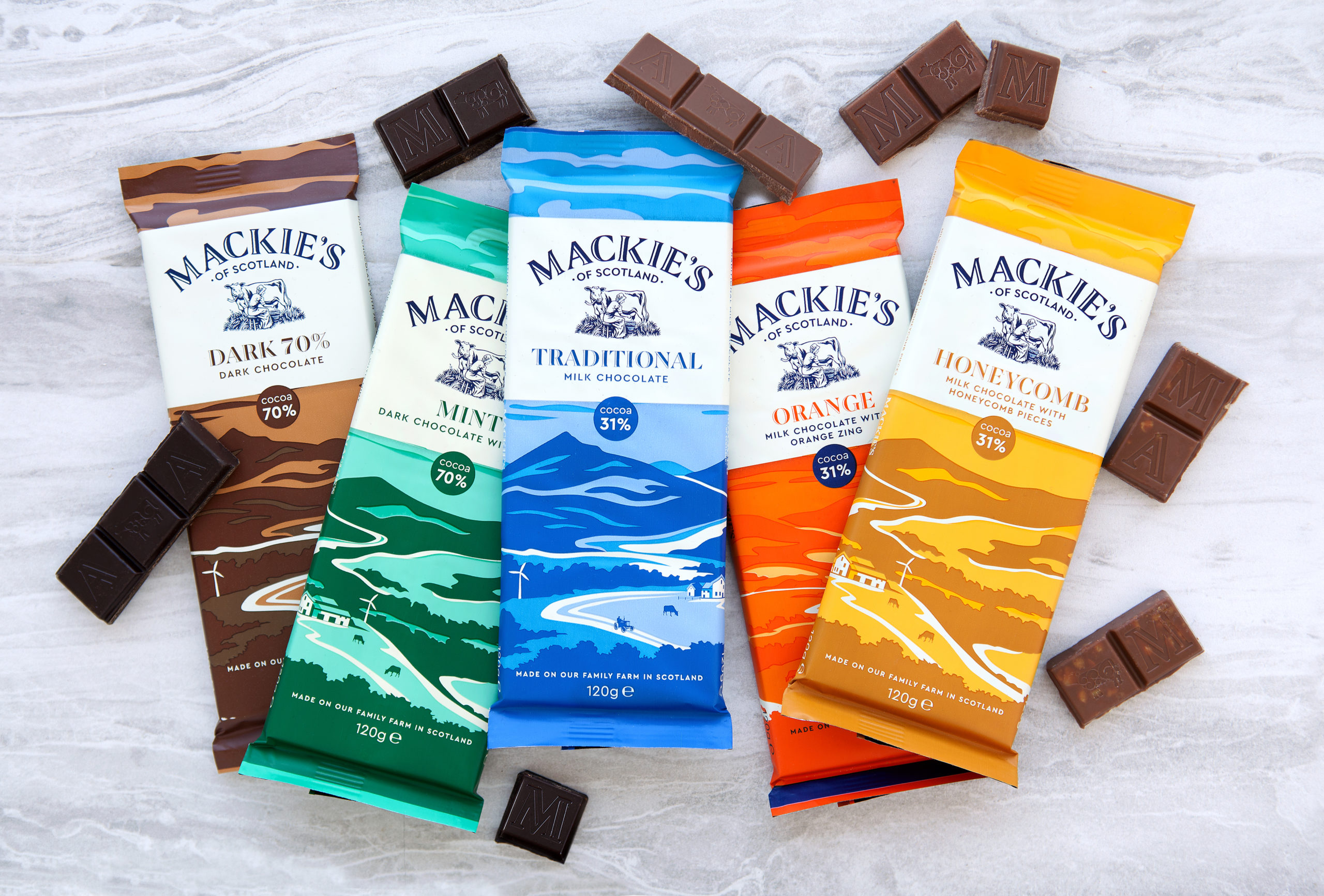 Mackies's chocolate bars in 5 flavours - milk, dark, orange, mint and honeycomb