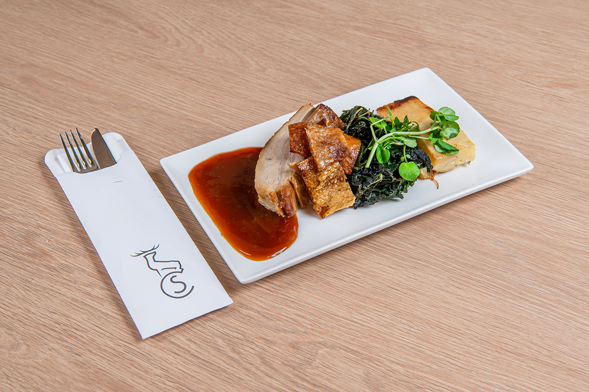 Maple Glazed Scottish Pork Belly with Dauphinoise Potato, Cavolo Nero, Crackling and a Rich Jus