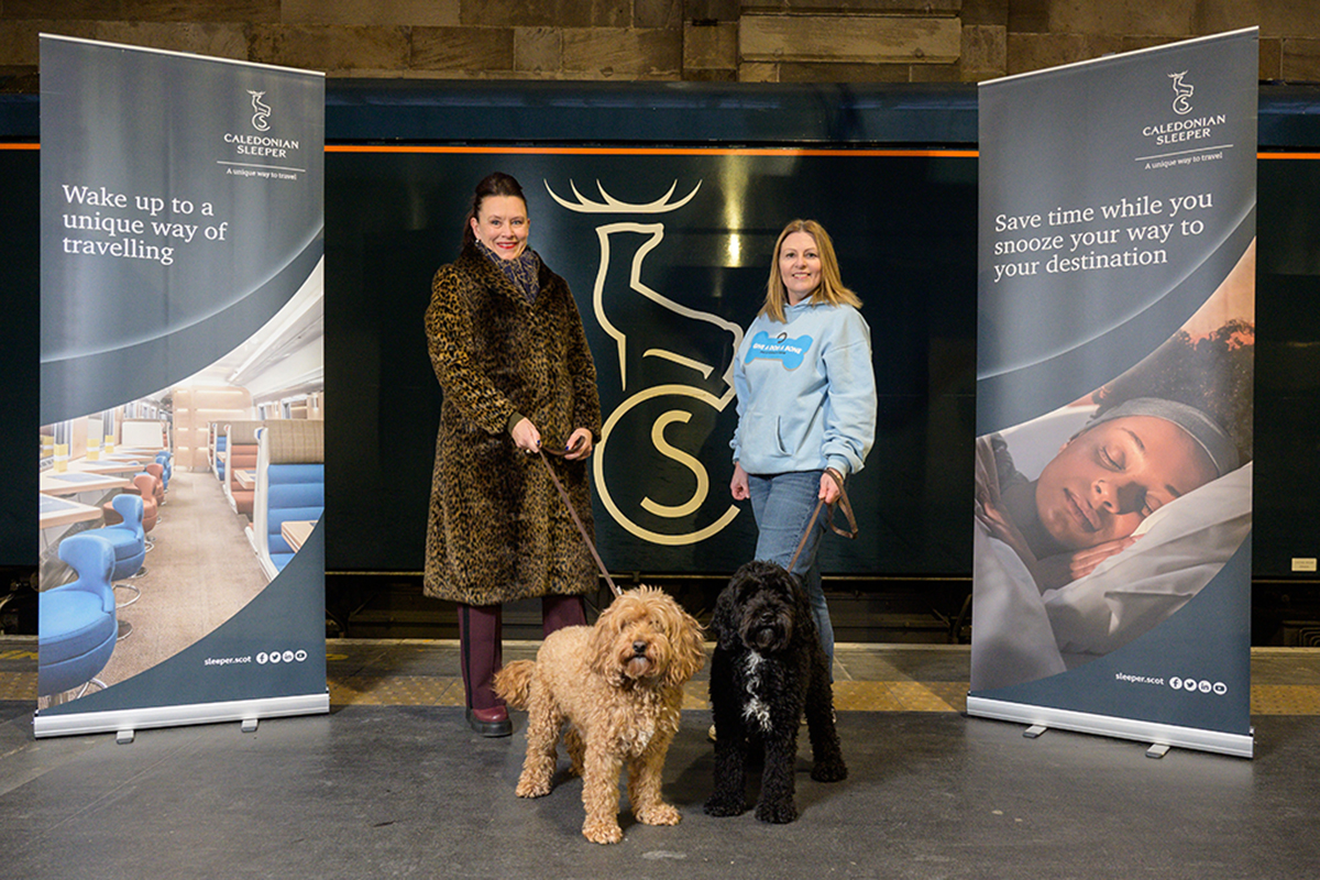 Managing Director Caledonian Sleeper and Louise Russell – Founder, Trustee and Chief Executive of Give a Dog a Bone with Cooper with two digs at Glasgow Central